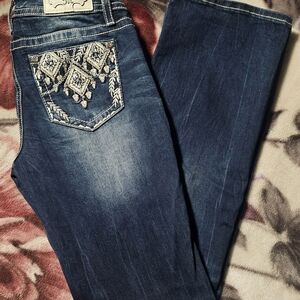 Miss Me Dark Blue Boot Cut Jeans with Silver Embellishments